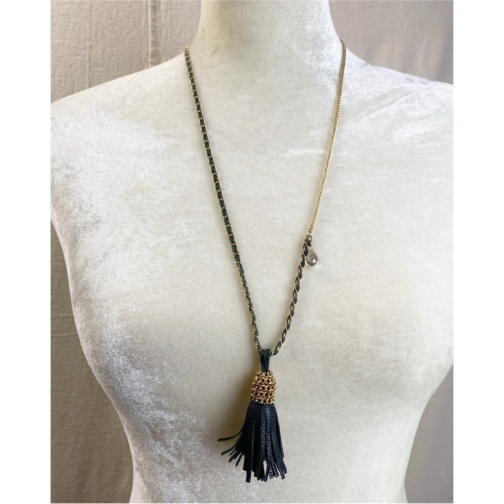 Banana Republic black leather tassel gold chain necklace